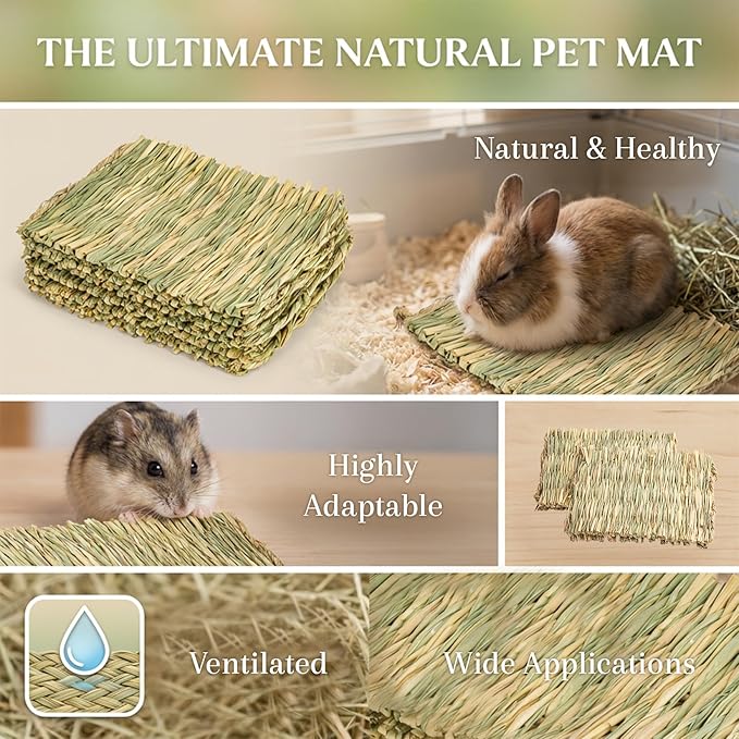 Sukh 2 PCS Rabbit Grass Mats - Natural Hay Woven Bunny Rabbit Bad Cage Mats Pet Bedding Cooling Sleeping Nesting & Toys for Hamster Bunny Chinchilla Guinea Pig Mouse Bird and Other Small Animal