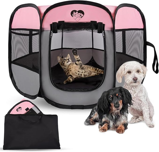 Dog Cat Playpen,Portable Foldable Tent- Pet Outdoor Exercise Crate Cage for Medium Dogs,Travel Camping Use for Small Animals with Carrying Case,Indoor Kennel for Sleeping(Pink,M)