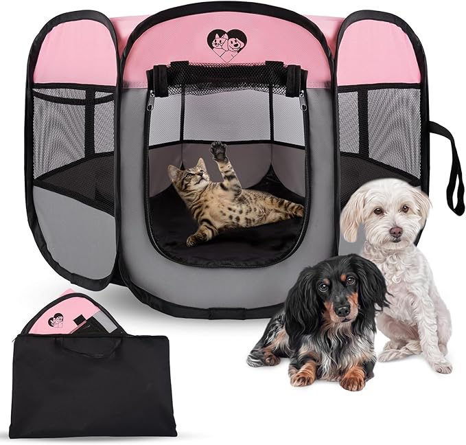 Dog Cat Playpen,Portable Foldable Tent-Outdoor Pet Crate Cage for Small Dogs,Travel Camping Use for Small Animals with Carrying Case,Indoor Enclosure for Puppy/Cats/Rabbits(Pink, S)