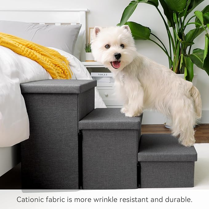 Zerbuger Dog Stairs with Storage 18" H, 3-Step Wider Dog Steps for Small/Medium/Large Old Dogs Cats, Folding Sturdy Pet Stairs Climbing Bed Couch, Ramp for Car Hold Up to 200 lbs (Dark Grey, No Condo)