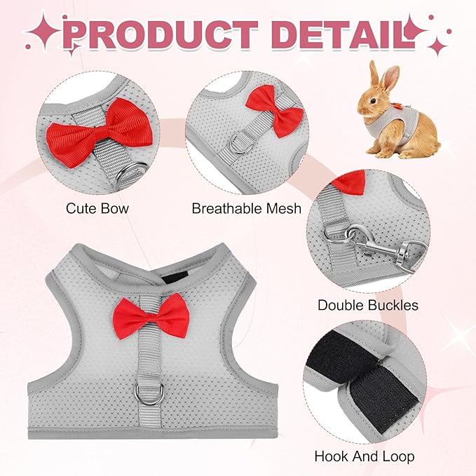 Rabbit Harness and Leash, Small Pet Cute Vest Harness Leash Soft Adjustable Buckle Breathable Mesh (L, Gray) for Bunny Kitten Small Pig Puppies Camping Hiking Training