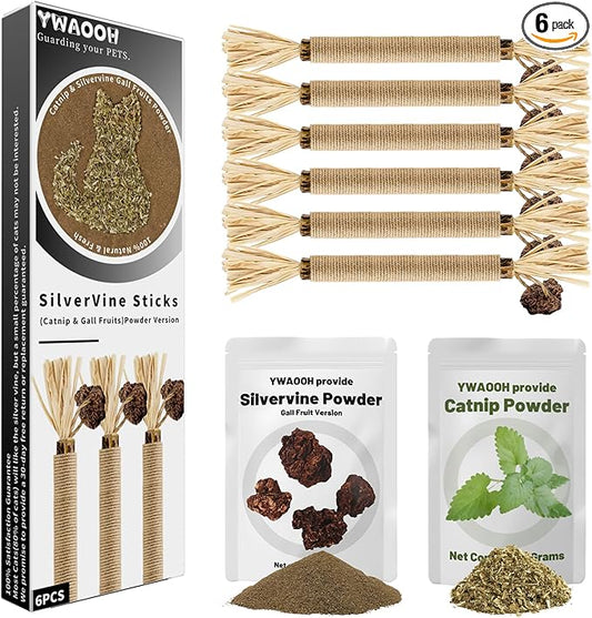 Cat Toys, 6 Silvervine Chew Sticks & 1PCS Organic Catnip & 1PCS Silvervine Powder, Cat Dental Toys for Kitten Teeth Cleaning, Matatabi Cat Toy