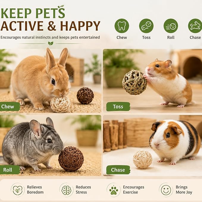 Skylety 15 Pieces Bunny Chew Balls for Rabbits, Small Animal Rolling Grass Toys and Treats for Guinea Pigs, Chinchillas, Hamsters, Mice, Teeth Grinding, Gnawing and Play(Classic Style,2.76")