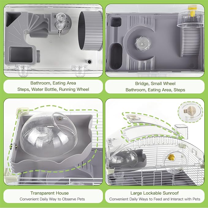 3-Tier Hamster Cage Starter Kit 18″Lx11″Wx23″H for Dwarf Hamsters Only with 2 Platforms, 3 Tube Ports, Bathtub, Food Bowl, Steps, 2 Silent Wheels, 3 Doors, House, Water Bottle