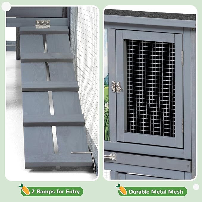 COZIWOW Large Wooden Rabbit Hutch Outdoor Indoor, 94.5" L 2-Level Bunny Cage for 2 or More Small Animals with Removable Tray & Multiple Entrances (Grey)