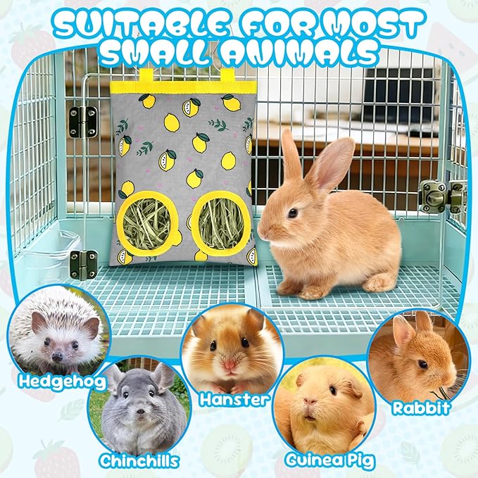 3 Pack Rabbits Hay Feeder Bag, 2 Holes Hanging Bunny Hay Feeder Guinea Pig Feeding Bag Storage Dispenser for Bunny Rabbits Chinchillas Hamsters Small Pets and Animals