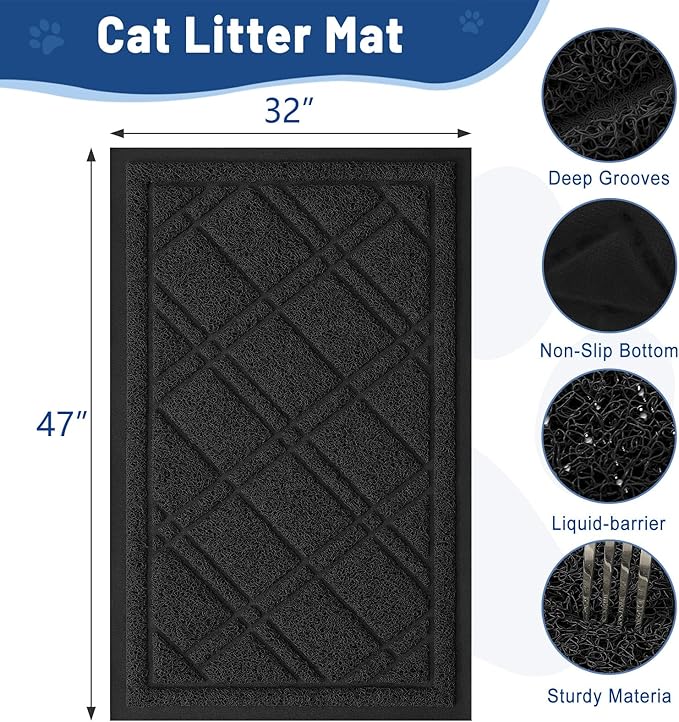 Smiry Cat Litter Box Mat 47x32, Non-Slip Water Resistant Litter Trapping Mat, Easy Clean Less Waste and Urine-Locking Cat Carpet for Indoor, Black