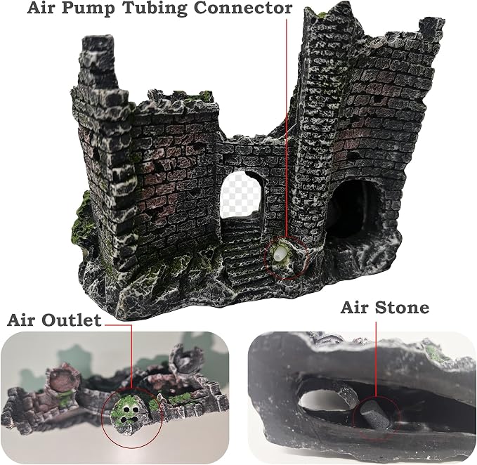Aquarium Castle Bubbler Decorations, Resin Fish Tank Accessories with Air Bubbler, Fish Tank Cave Hideout for Betta & Small Fish, Aquarium Decor with Air Holes,(Air Pump is Not Include)