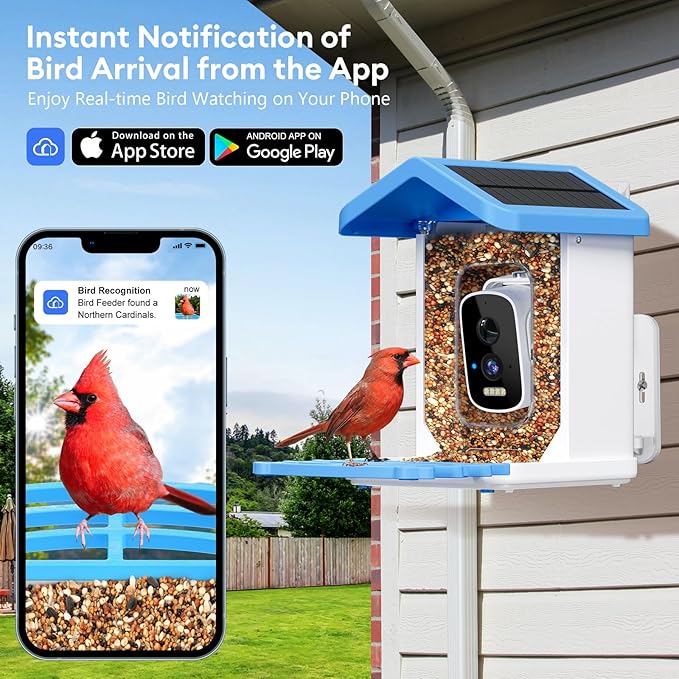 Smart Bird Feeder with Camera, AI Bird Species Identification Solar Powered Panel, 2.5k HD Video Bird House with Camera for Outside Garden, Ideal Gifts for Lover, Valentine's Day, Blue