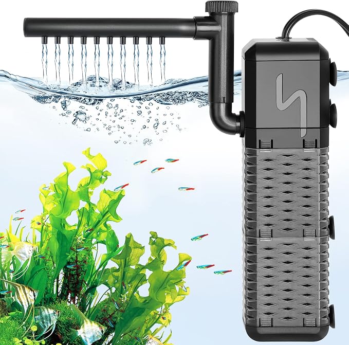 AQQA Submersible Aquarium Filter, Adjustable Flow with Aeration System | Ultra Quiet, Biochemical Sponge Filtration, Fish Tank Filter Built-in Rainfall Aerator, Fits Tanks Up to 70 Gallon, 211GPH