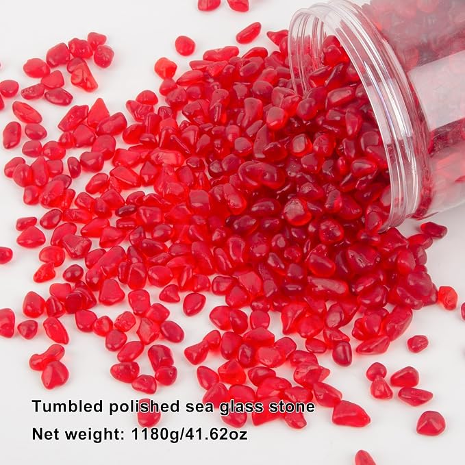 QEQEKAKA Sea Glass Stones for Crafts 2.75LB Red Pebbles Gemstones Bulk | Small Glass Stones for Beaching Wedding DIY Decor Aquarium Turtle Tank Vase Filler (1180g/41.62oz)