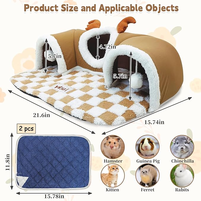 PINVNBY 3 Pcs Guinea Pig Hideout and Tunnel Bed, Removable Soft Bunny Tunnel Tube with Guinea Pig Liner Small Animal Tunnel Toy for Ferrets Hamster Hedgehog Kitty Chinchilla（Gray）
