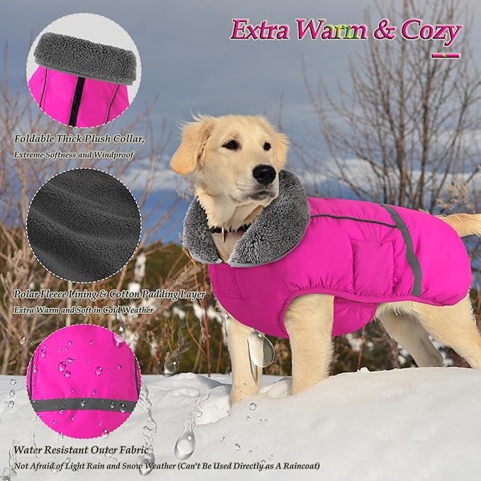 Dogcheer Warm Dog Coat, Christmas Dog Jacket Waterproof Puppy Winter Coat with Buckles, Reflective Adjustable Pet Snow Jacket Turtleneck Fleece Sweater for Small Medium Large Dogs - Pink, M