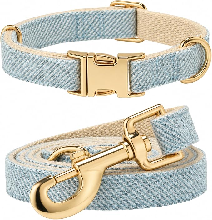 Herringbone Tweed Dog Collar and Leash Set for Small Dogs, Light Blue | Snag-free, no-rub design. Soft breathable cotton, gentle on fur. Adjustable durable matching combo for walks & outdoors.