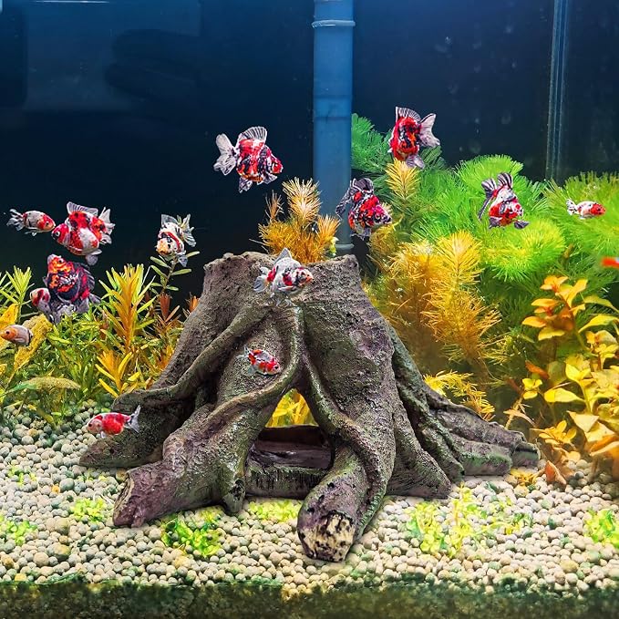 PINVNBY Resin Aquarium Tree Hollow Stump Decor - Fish Tank Ornament, Pleco Cave Hideout for Small Betta, Cichlid, Shrimp, Guppy & GloFish