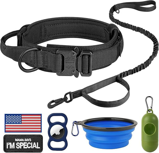 HYDEME Tactical Dog Collar Adjustable Nylon Collar with Control Handle and Heavy Metal Buckle for Medium and Large Dogs, with Patches&Airtags Case&Poop Bag Dispenser&Portable Bowl. (M, Black-Set)