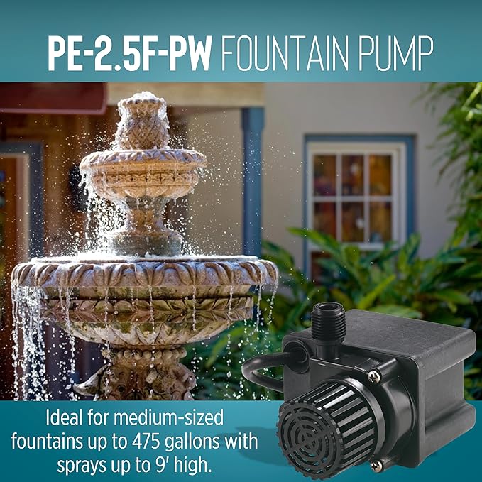 Little Giant PE-2.5F-PW, 115V, 475 GPH Small Submersible Pump, 15' Cord | 1/28 HP, For Fountains/ Small Ponds/ Hydroponics/ Recirculation, Epoxy-coated Aluminum, Manual (no switch), 566612