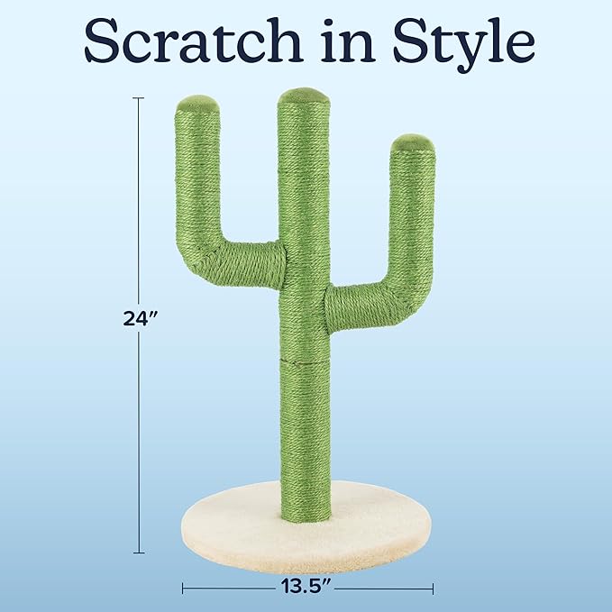 24” Tall Cat Scratching Post - Vertical Cactus Scratch Post for Indoor Cats - 360 Degree Jute Rope-Covered Kitten Scratcher with 3 Branches and Sturdy Base by PETMAKER (Green)