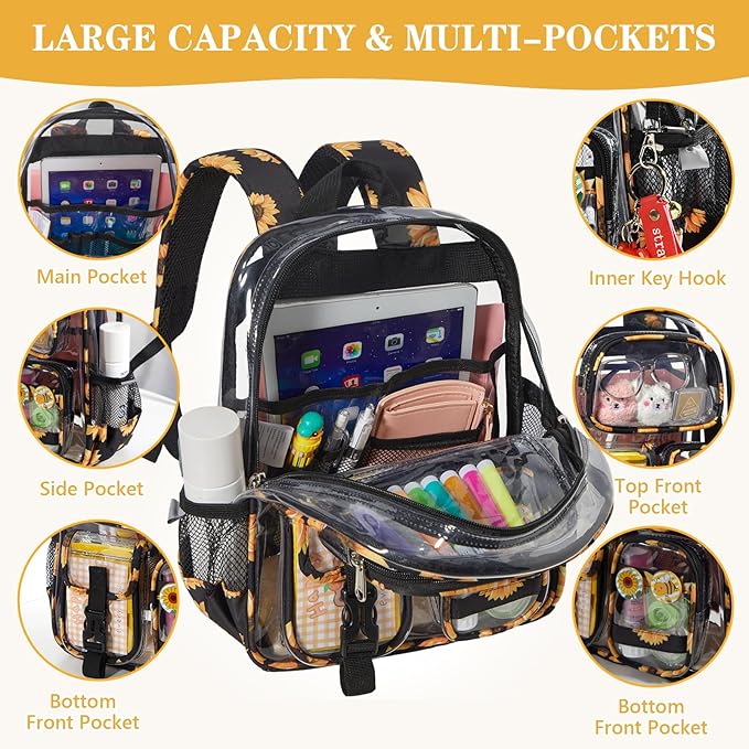 Mini Clear Backpack for Stadium Approved 12x6x12, Small Transparent Backpacks Plastic See Through Clear Bag for Kids Girls Women for Sporting Event, Concerts, Work, Festival (Sunflower)