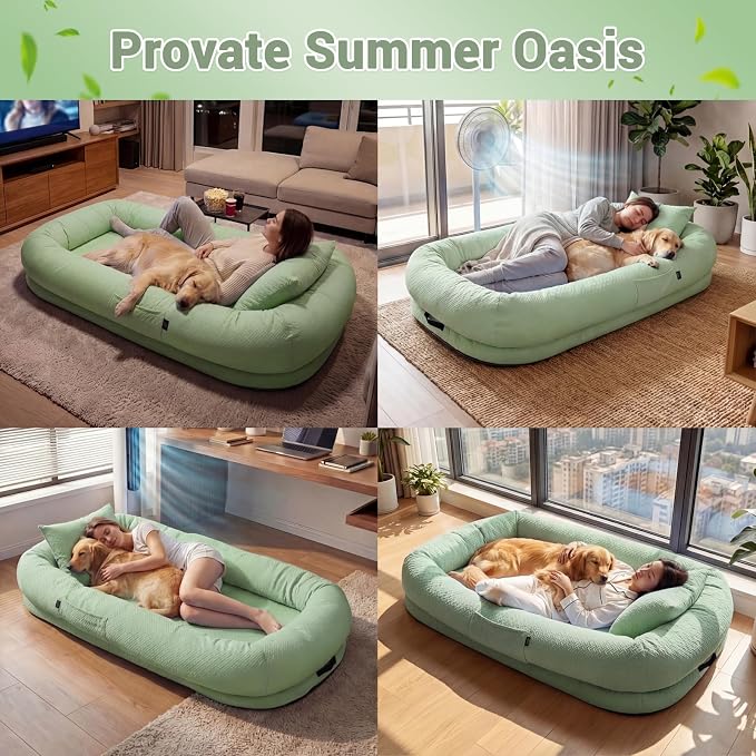 WROS Cooling Human Dog Bed for Summer, Breathable Washable Floor Lounger for People & Pets, 65"x36"x11", Pale Green, Pet Bed for Hot Weather Relaxing