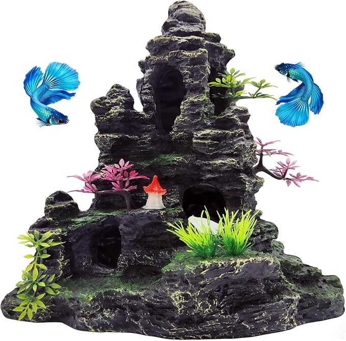 Large Aquarium Decoration Resin Fake Rock Mountain Ornament Landscape Castle Decoration Fighting Fish Reptiles Turtles Hiding Cave Fish Tank Ornaments Accessories - Height 10.7 inches (Purple)