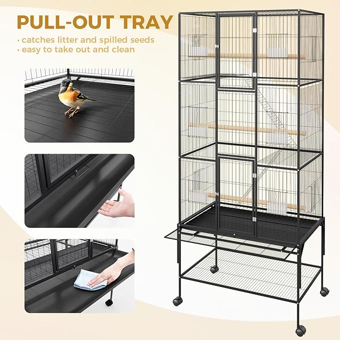 69" H Large Bird Cage, Bird Cage with 3-Tier Platforms, Ladders, Perches, Feeder, Wide Birdcage for Parakeets, Conures, Lovebirds, Quaker, Cockatiels, Budgie, Black