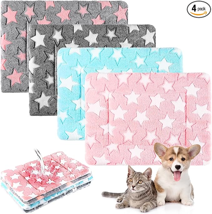 Haull 4 Pcs Waterproof Guinea Pig Bedding Guinea Pig Bed Plush Cage Liners Soft Rabbit Dog Crate Pad Cat Mat Reversible Cozy Animal Pee Pad Hamster Bunny Mat Accessory(Cute Star,18 x 24 Inch)