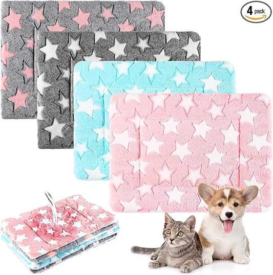 Haull 4 Pcs Waterproof Guinea Pig Bedding Guinea Pig Bed Plush Cage Liners Soft Rabbit Dog Crate Pad Cat Mat Reversible Cozy Animal Pee Pad Hamster Bunny Mat Accessory(Cute Star,18 x 24 Inch)
