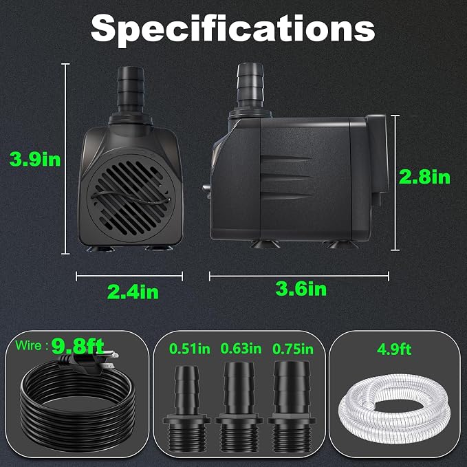 Knifel 400GPH 25W Submersible Water Pump, 10ft Power Cord & Wire hose | Ultra Quiet Pump for Aquarium, Fish Tank, Outdoor Pond, Garden, Aquarium, Fountain and Hydroponic Systems