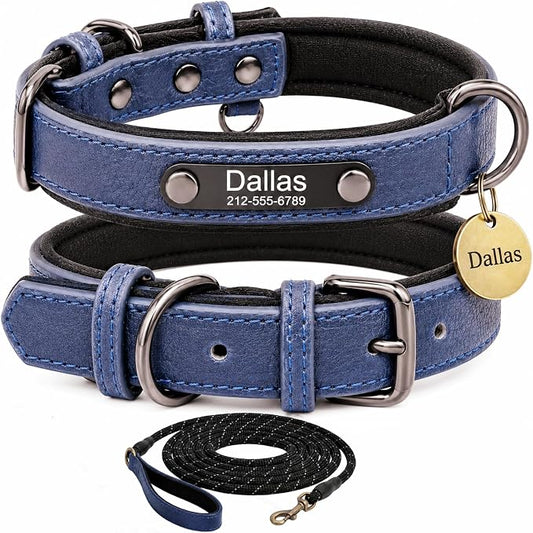 Leather Dog Collar Personalised and Leash Set, Personalized with Soft Padded Design Heavy Duty Featuring Custom Engraved Name Plate for Small Medium and Large Dogs