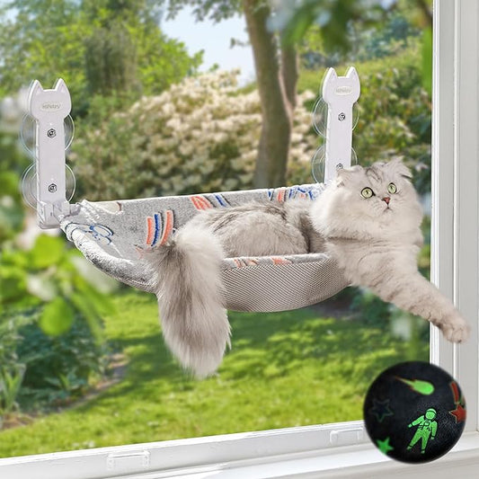 HiPetpy Cat Window Perch, Glow in The Dark Foldable Cat Hammock with Sunken Design & Removable Soft Cover, Breathable Cordless Window Bed for Resting Indoor Kitten (Shallow Perch, 1 Pack - M)