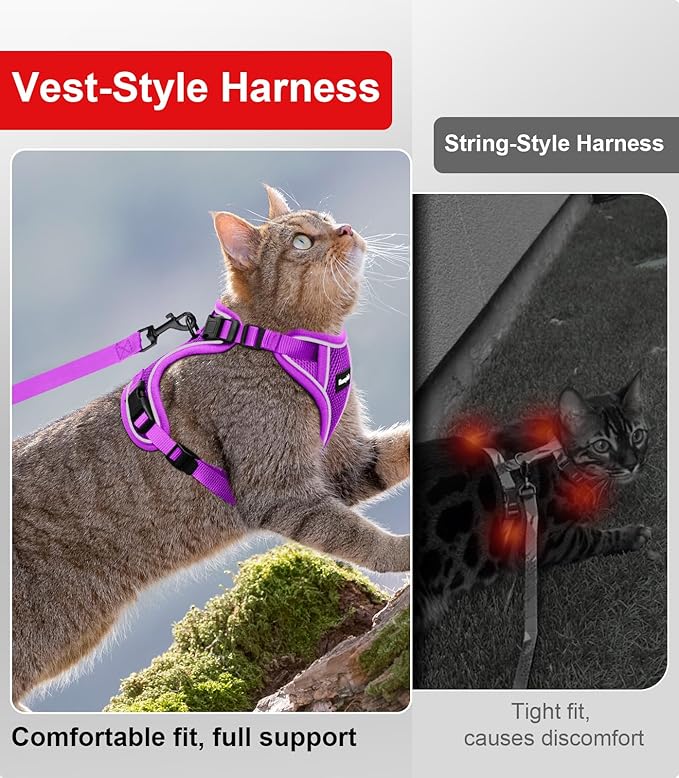 Cat Harness and Leash for Walking Escape Proof Soft Adjustable Cat Leash Breathable Comfortable Vest Easy to Wear Kitten Harness for Outdoor Travel (Purple, S (7-12lb))