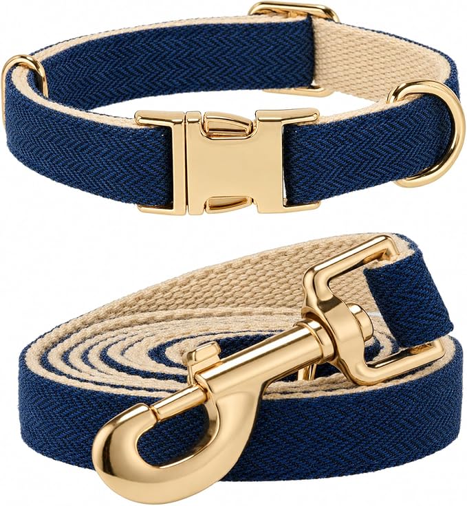 Herringbone Tweed Dog Collar and Leash Set for Small Dogs, Navy Blue | Snag-free, no-rub design. Soft breathable cotton, gentle on fur. Adjustable durable matching combo for walks & outdoors.
