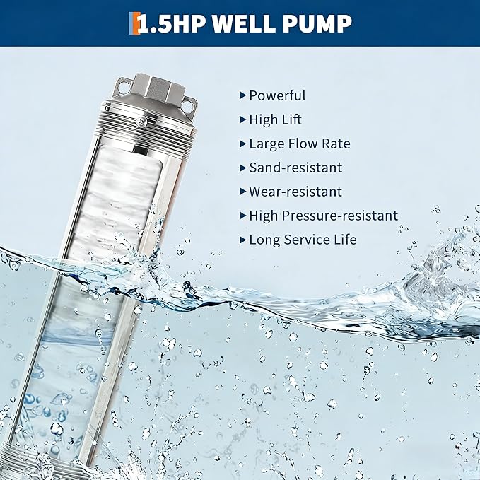 Deep Well Submersible Pump, 1.5HP 230V/60Hz, 27GPM Flow 259ft Head, with 33ft Electric Cord & Check Valve, 4" Stainless Steel Water Well Pump for Industrial,Irrigation,Home Use, IP68 Waterproof Grade