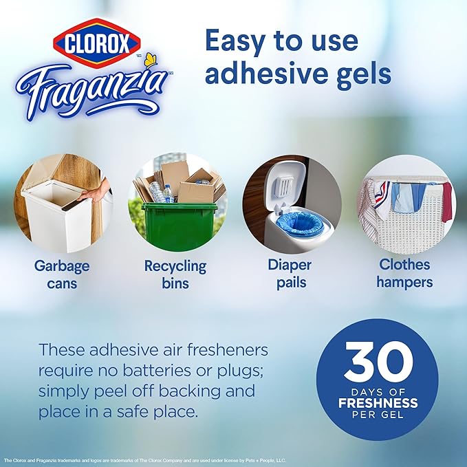 Clorox Fraganzia Stick-On Gel Fresheners, Lavender with Eucalyptus Trash Can Deodorizer Up to 30 Days Scent, Odor Absorber for Kitchen, Bathroom, Closet, No Plug or Batteries, 0.12 Fl Oz, 6 Count