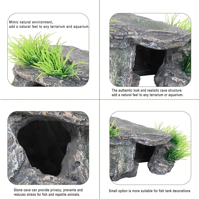 Aquarium Cave & Betta Hideout - Natural Resin Fish Tank Decorations, Small Fish Tank Decor, Hand-Polished Smooth Edges, PH Neutral Stone Decor for Shrimp, Cichlid, and Reptiles (Small)