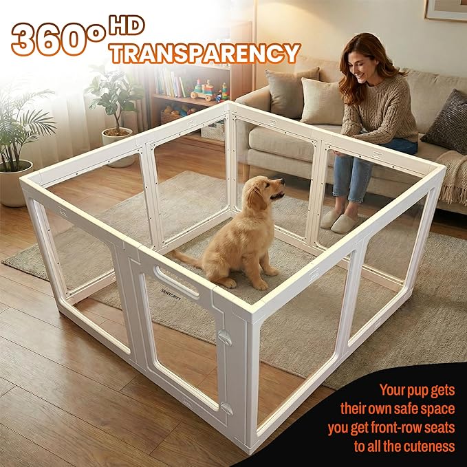 Transparent Indoor Dog Playpen with Safety Lock, Indoor Dog Fence for Small & Medium Pets | Secure, Stylish, Easy Clean Play Pen for Dogs & Pets with Scratch Resistant Panels (White, 16 Panels)