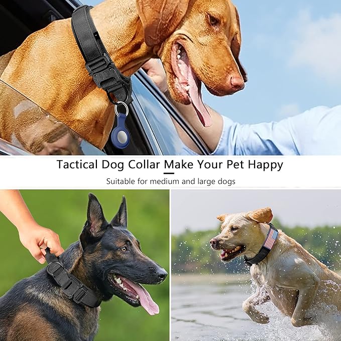 DAGANXI Tactical Dog Collar, Adjustable Military Training Nylon Dog Collar with Control Handle and Heavy Metal Buckle for Medium and Large Dogs, with Patches and Airtags Case (M, Black)