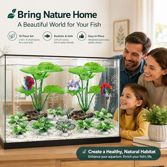 10 Pack Silk Aquarium Plants Fish Tank Decorations - Soft Fin-Safe Fish Tank Plants Large Aquarium Decor for 5-40 Gallon Betta, Goldfish & Reptiles Tanks Accessories