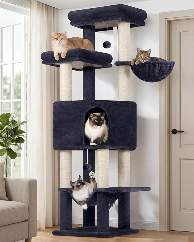 Globlazer Tall Cat Tree Tower for Large Adult Cats, Multi-Level Large 65 Inch Cat Scratching Tower with Hammock, 6 Scratching Posts, Basket and 2 Perches for Indoor Multiple Cats, F65D, Dark Grey