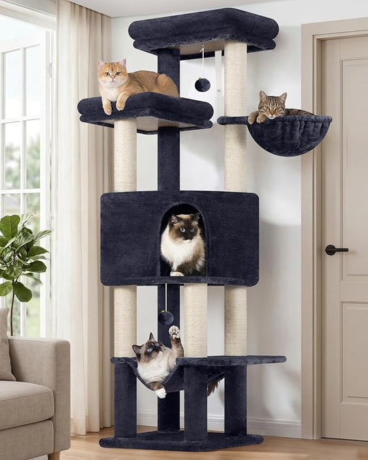 Globlazer Tall Cat Tree Tower for Large Adult Cats, Multi-Level Large 65 Inch Cat Scratching Tower with Hammock, 6 Scratching Posts, Basket and 2 Perches for Indoor Multiple Cats, F65D, Dark Grey