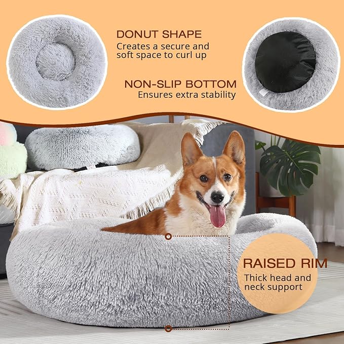 JOLLYVOGUE 23" Dog & Cat Bed, Calming Anti-Anxiety Pet Bed for Small Dogs, Fluffy Donut Cushion for Small and Medium Pets
