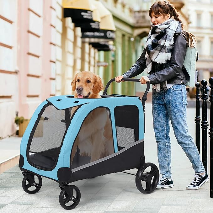 Saudism Dog Stroller for Large Dogs, Extra Large Pet Stroller for Medium Dogs, Dog Wagon Carriage, Foldable Design, Adjustable Handle, with Pocket, Up to 130 lbs, Blue