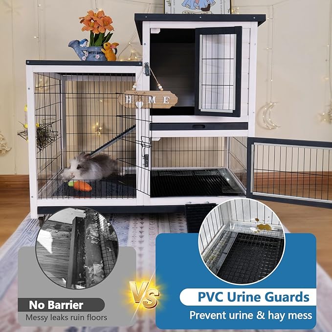 FunXplore 2-Story Rabbit Hutch Bunny cage Indoor Outdoor with Lower Urine Guards, Chew-Proof Ramp, 2 Leak-Proof Trays, 4 Metal Wheels for Rabbits, Guinea Pigs, Small Animals