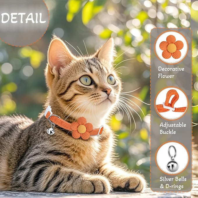 Cat Collar, HANSHILAI Kitten Collar with Bells, Cute Cat Collar Breakaway for Girl Boy with Flower,Collar para Gatos (2 Pack) (Orange & Rose Red)