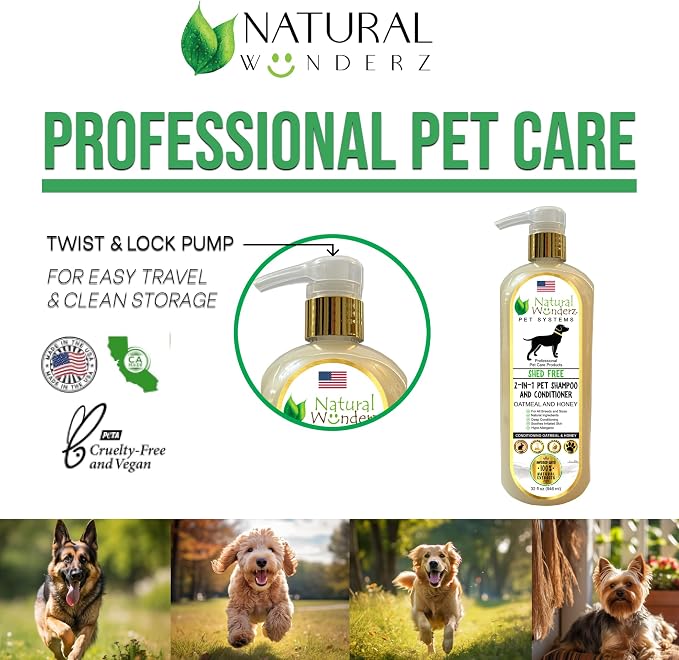 Pet Shampoo & Conditioner, Shed Free 2-in-1, Oatmeal and Honey, Organic, Hypoallergenic, Vegan, Natural Extract, for Healthy Skin & Coat, 32 Fl Oz, for Dry Itchy Skin, All Breeds, by Natural Wunderz