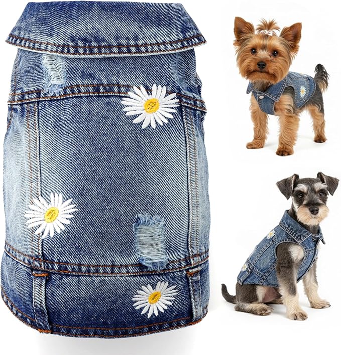 Pawstrip Dog Denim Jacket with Embroidered Daisy, Ripped Vintage Jean Vest for Small Dogs, Puppy, Pugs, Chihuahuas, Spring Summer Fall Festival Outfit, XS (Fits Chest 9-10")
