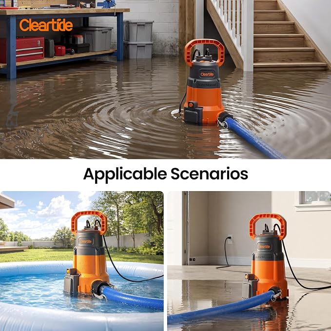utility submersible pump with water sensor 1/3hp pump with hose, 10ft