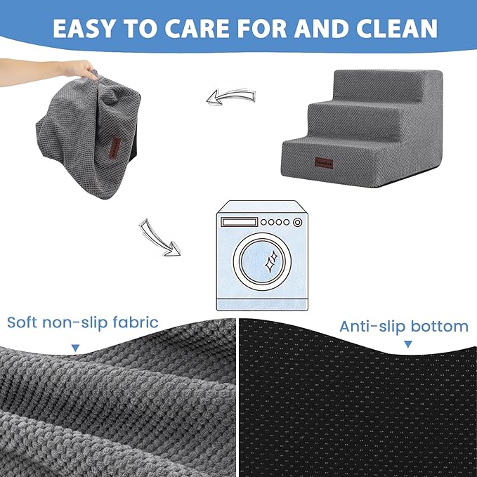 Aodisman Dog Stairs for Small Dogs, 3-Step Non-Slip Pet Stairs for Couch Sofa and Chair, Dog Bed Stairs for Puppy, Older Cat,Grey,13.6" H