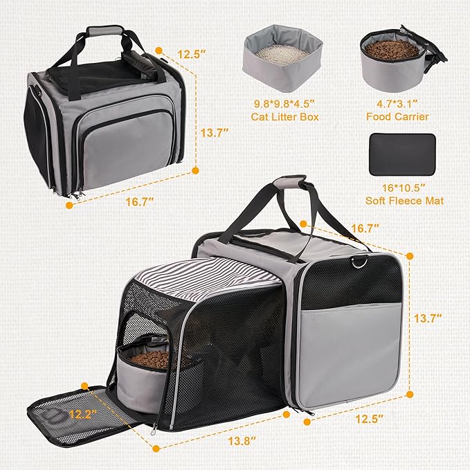 Cat Carrier with Litter Box, Soft Cat Travel Carrier with Food Carrier, Expandable Portable Cat Carrier for Car Travel, up to 20 lbs for Road Trip, Camping, Hiking, Gray